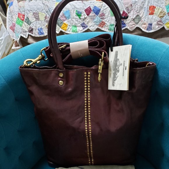 Campomaggi NWT Large Studded Shopper Prolifio Rivetti Burgundy SALE - Picture 7 of 8